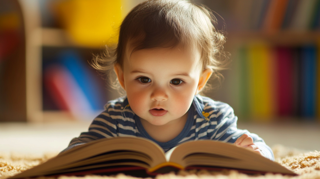 A Baby Lying on A Carpet Reading a Book, Highlighting the Importance of Early Literacy in Early Childhood Development