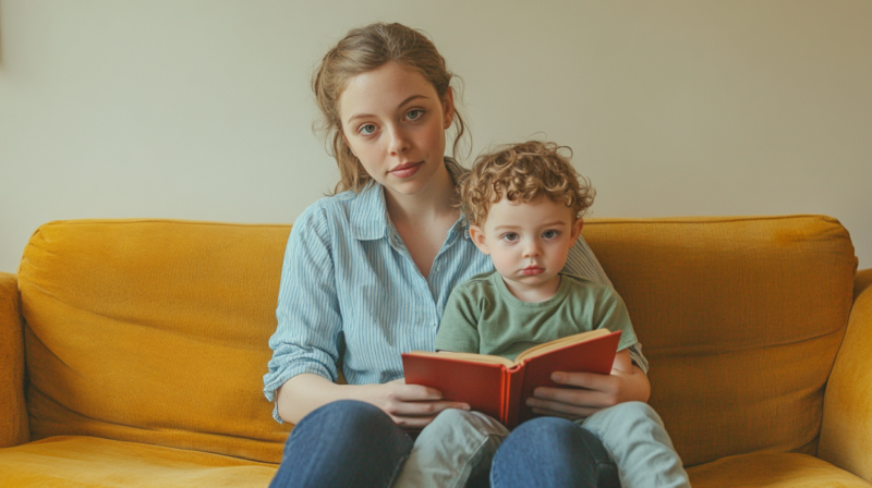 A Mother and Child Sitting Together on A Yellow Couch, Looking at A Book