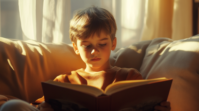 A Child Reading a Book in A Cozy Spot with Sunlight