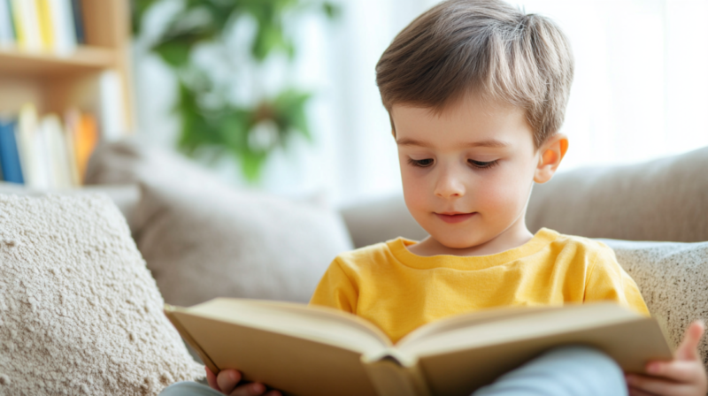 A Young Child Is Reading a Book in The Living Room