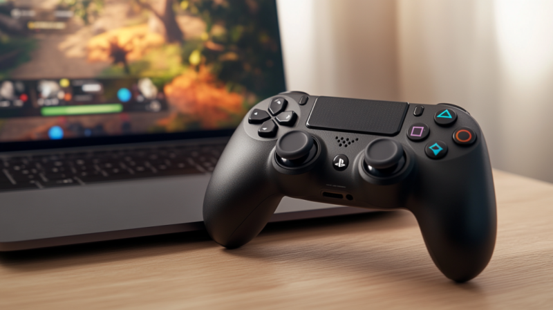 A Game Controller in Front of A Laptop Showing a Game