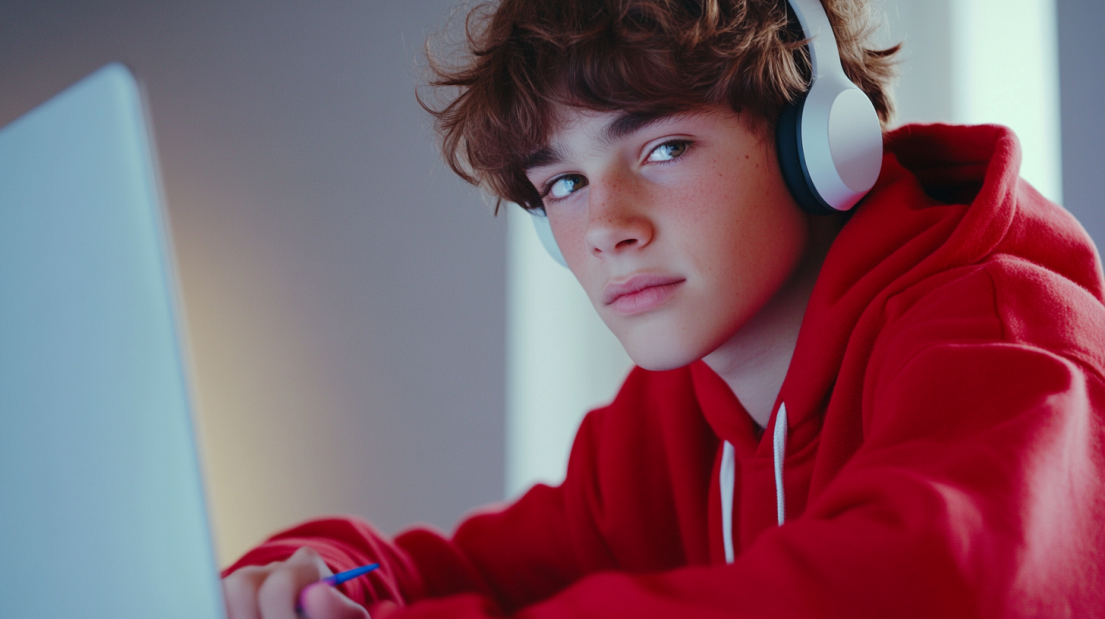 A Teenage Student Wearing Headphones and A Red Hoodie Focuses on A Laptop, Illustrating how Technology Is Transforming Learning