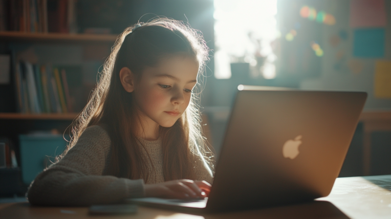 A Young Girl Focused on Her Laptop in A Classroom Setting