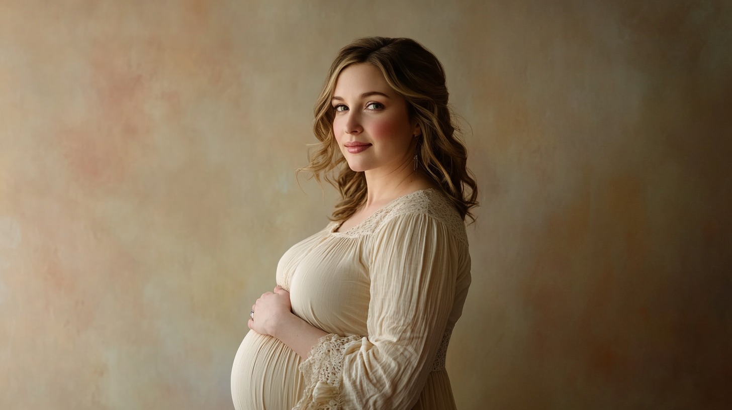  A maternity portrait of a smiling pregnant woman